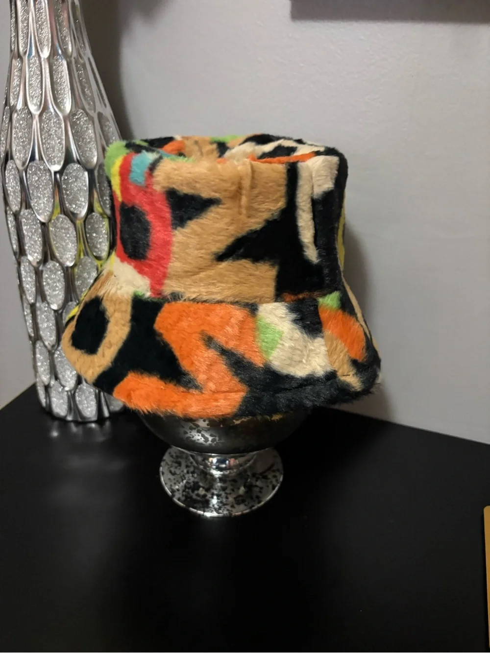 Colorful Faux Fur Bucket Hat - Multicolor Graphic Print